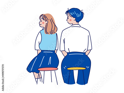 並んで座る高校生男女の後ろ姿イラスト