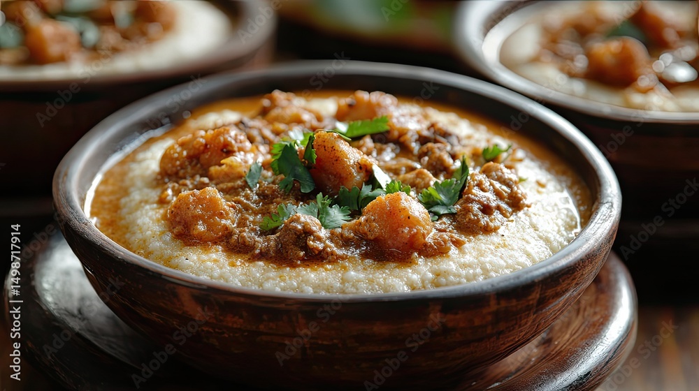A bowl of shrimp and grits garnished with cilantro close up view A bowl of shrimp and grits garnished with cilantro close up view