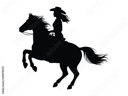 Silhouette illustration of a cowgirl riding a rearing horse against a clean white background