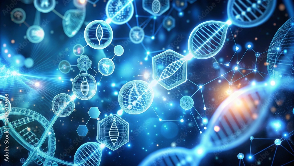 Obraz premium Abstract Bio-Technological Network Interconnected Genetic Structures and Cellular Forms