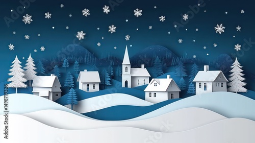 Peaceful winter village scene with snow-covered houses and pine trees under a starry night sky with falling snowflakes and rolling snowy hills