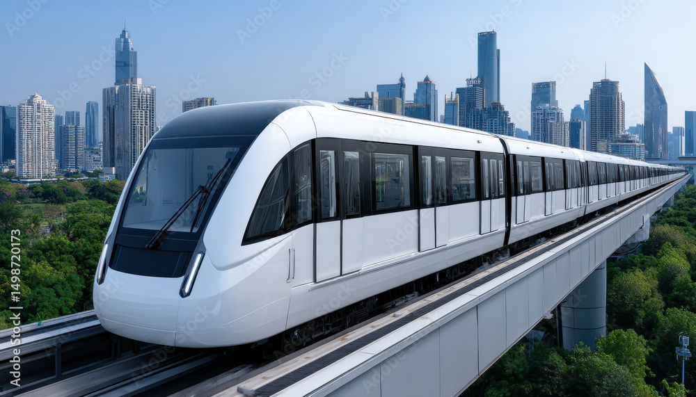 Naklejka premium Modern white metro train travels on elevated tracks with a city skyline and green trees in the background.