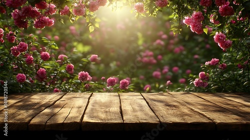Wooden table, rose garden, sunlit, spring
