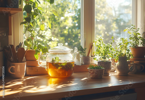 Sunlit Kitchen Herbal Tea Window Plants