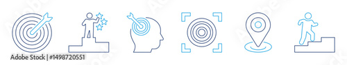 Target and goal icon collection in line style featuring focus, achievement, destination, direction, and precision steps