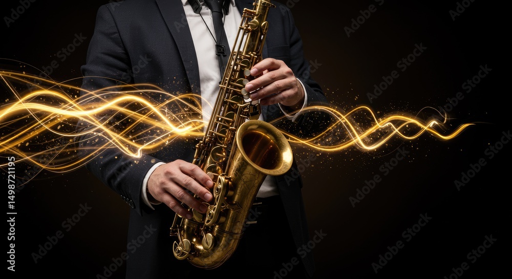 Naklejka premium Saxophonist playing a saxophone with golden light effects