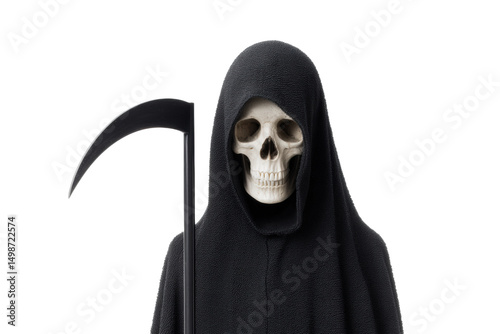 Grim reaper with scythe in black cloak on black background, cut out