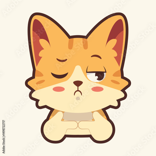 Shy Cat Emoticon, Cat Cartoon Illustration Vector Sticker
