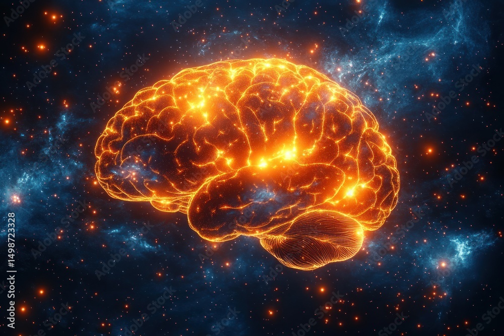Fototapeta premium Glowing digital brain floating in a cosmic space filled with stars and nebulae, symbolizing intelligence and neural connections