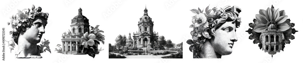Obraz premium PNG Classical architecture floral fusion, element set on transparent background