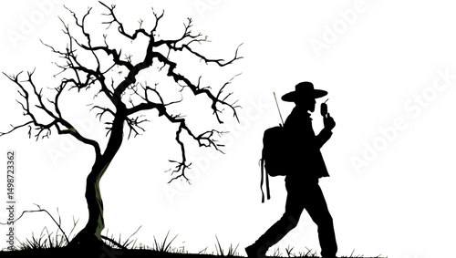 Silhouette of a ranger with walkie-talkie and backpack, standing near a tree against