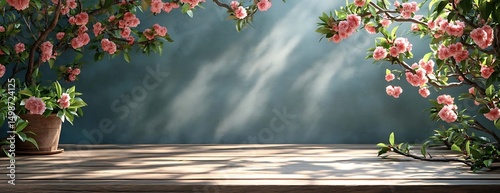 Pink flowers, wood table, spring scene