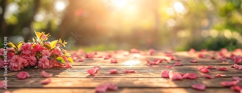 Pink flowers, petals, wooden table, spring