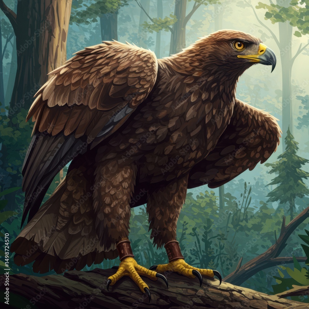 Fototapeta premium Majestic golden eagle perched on a branch in a serene forest setting artwork