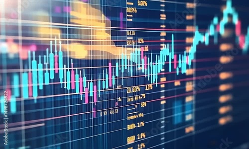 Abstract representation of financial data displayed on a digital screen, showcasing dynamic charts and numerical values in vibrant hues