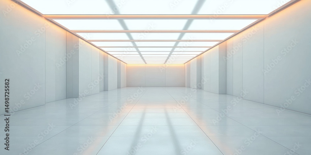 Obraz premium Empty modern white room with glossy tiled floor illuminated by rectangular ceiling lights casting shadows, featuring minimalist clean design and soft ambient lighting