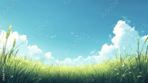 Serene landscape of a sunlit meadow, fluffy clouds in a vibrant blue sky