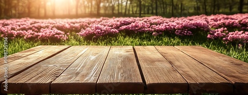 Wooden table, pink flowers, park, sun