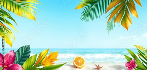 Summer sale banner mockup with vibrant tropical leaves and beach elements, ideal for online shopping promotions, sale, summer background