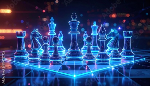 Neon holographic chess pieces on a virtual board in a high-tech sci-fi setting