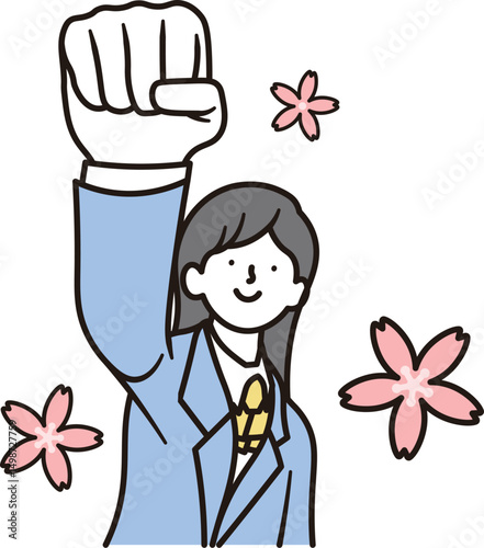 合格して喜ぶ女子高校生と桜のシンプルなイラスト素材