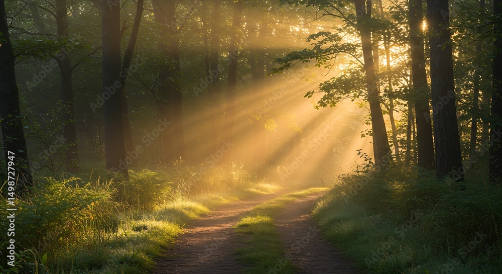 Fototapeta premium Ideal for calming backgrounds, this image showcases a magical misty forest with a sun-drenched path, symbolizing peace and nature's beauty.