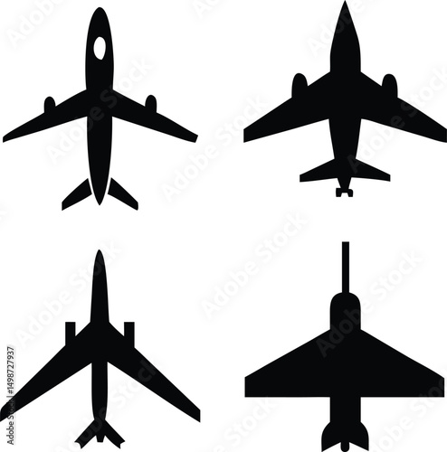vector icon set of planes in flat silhouette for flight and travel themes.