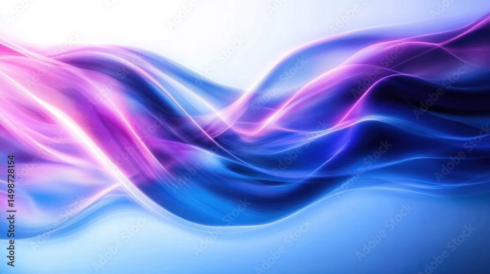 Fototapeta premium Flowing abstract waves in shades of blue, purple, and pink creating a smooth, luminous and dynamic energy pattern with light streaks on a soft gradient background
