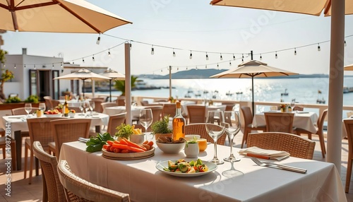 Sun-drenched Ayia Napa restaurant; vibrant Mediterranean feast, meat, seafood