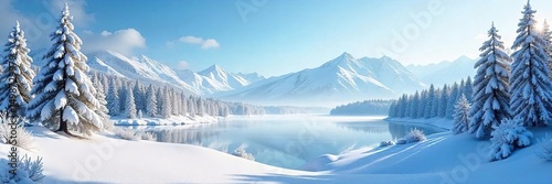 Wallpaper Mural Serene winter scene featuring snow-covered trees, a frozen lake, and a distant mountain range under a clear blue sky Perfect for winter wonderland, nature, and holiday themes , ice, beautiful, nature Torontodigital.ca