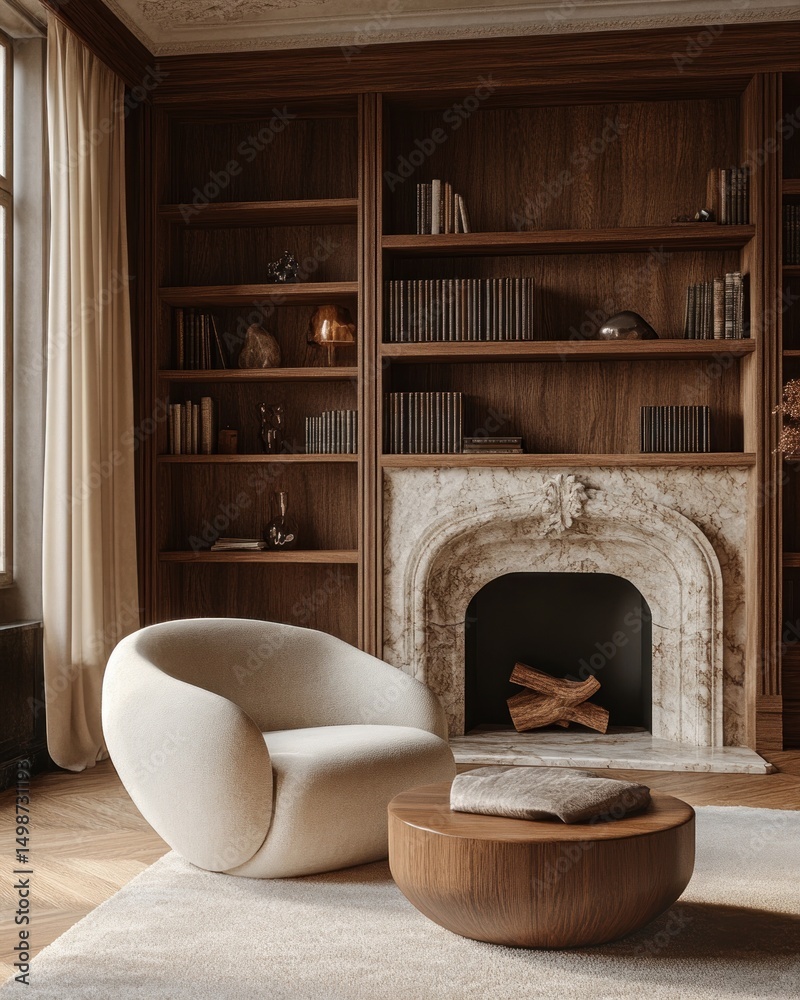 Fototapeta premium Cozy and elegant living room with a modern curvy beige armchair, round wooden coffee table with cushions, marble fireplace, and dark wood built-in shelves filled with books and decor