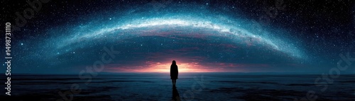 Law of attraction with goal and visualization for success concept. A silhouette under a vast galaxy, evoking wonder and solitude.