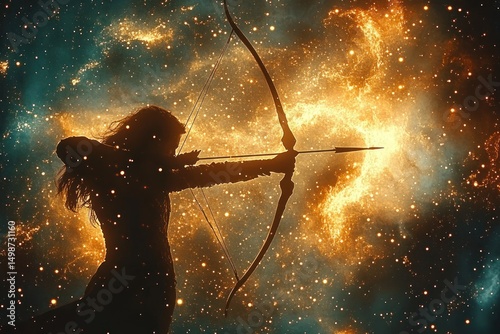Wallpaper Mural Silhouette of archer drawing a bow with arrow against a vibrant cosmic background filled with glowing stars and nebula clouds evoking fantasy and determination Torontodigital.ca