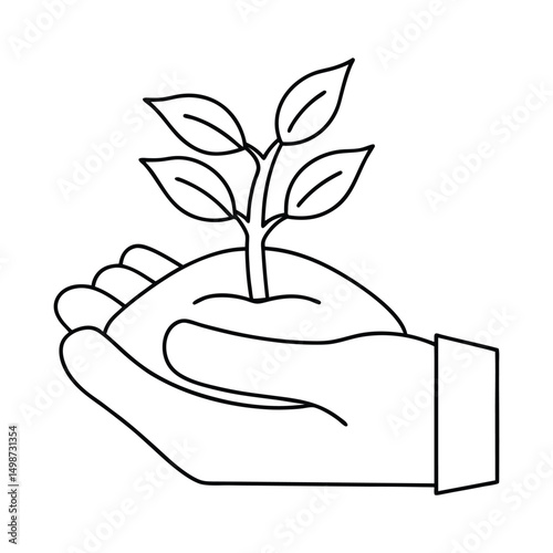 Hand holding a small seedling, symbolizing growth and nurture.