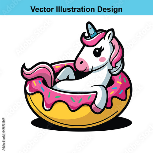 Cute unicorn sleeping on a pink donut vector illustration
