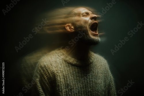 Dramatic portrayal of mental health crisis in adult man screaming in anguish with motion blur effect conveying emotional turmoil and psychological struggle. Despair and anxiety concept.