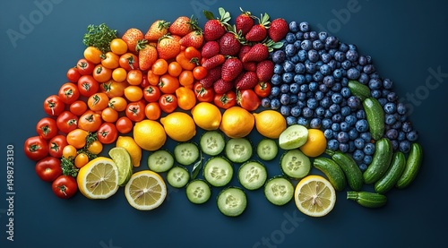 Vibrant Food Rainbow: Organic Fruit & Vegetable Arc on Dark Background with Focus Stacking & Pro Color Grading  Healthy Flat Lay Art: Rainbow of Citrus, Berries, and Veggies