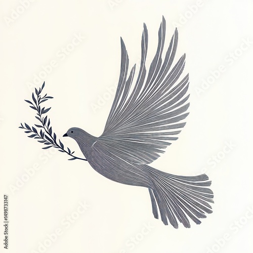 Detailed monochrome illustration of a bird in flight holding a branch with leaves in its beak, symbolizing peace and tranquility