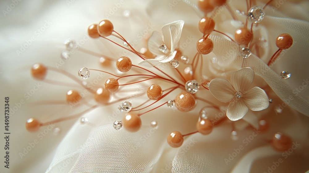 Obraz premium Delicate peach floral embellishments on sheer white fabric