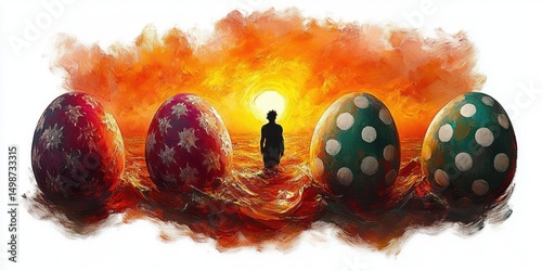 Silhouette of a person standing in water at sunset surrounded by large colorful eggs with star and polka dot patterns under a vivid orange sky