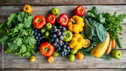 Healthy fruits and vegetables on rustic wooden table, top-down view, bright lighting, organic farm style