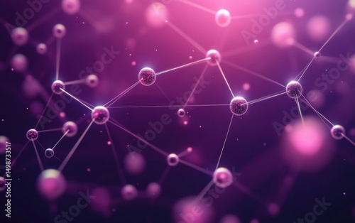 Abstract visualization of a molecular network with interconnected glowing spheres linked by thin lines on a dark purple background conveying a futuristic and scientific mood