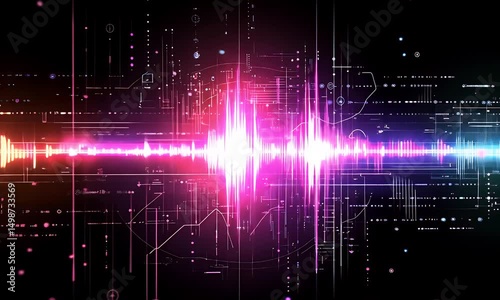 An abstract digital sound wave in vibrant neon hues pulses across a black background, with geometric lines and dots, creating a futuristic and tech-inspired visual