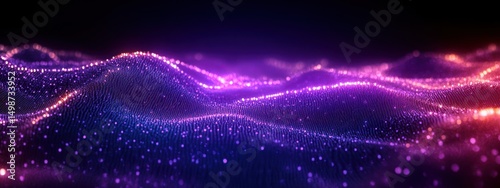 Abstract digital landscape of glowing purple and pink dots forming flowing wave patterns on a dark background, evoking a futuristic and dynamic atmosphere