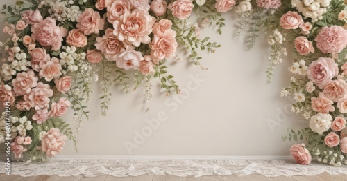 Pastel vintage floral artificial flower wall backdrop with lace details , still life, artificial flower arrangement, photo
