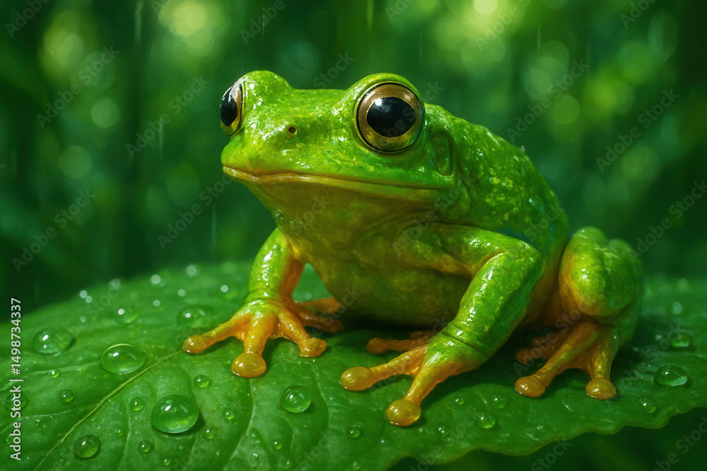 Naklejka premium Colorful tropical frog on a leaf with raindrops, photorealistic digital painting with vibrant saturated colors and fine detail