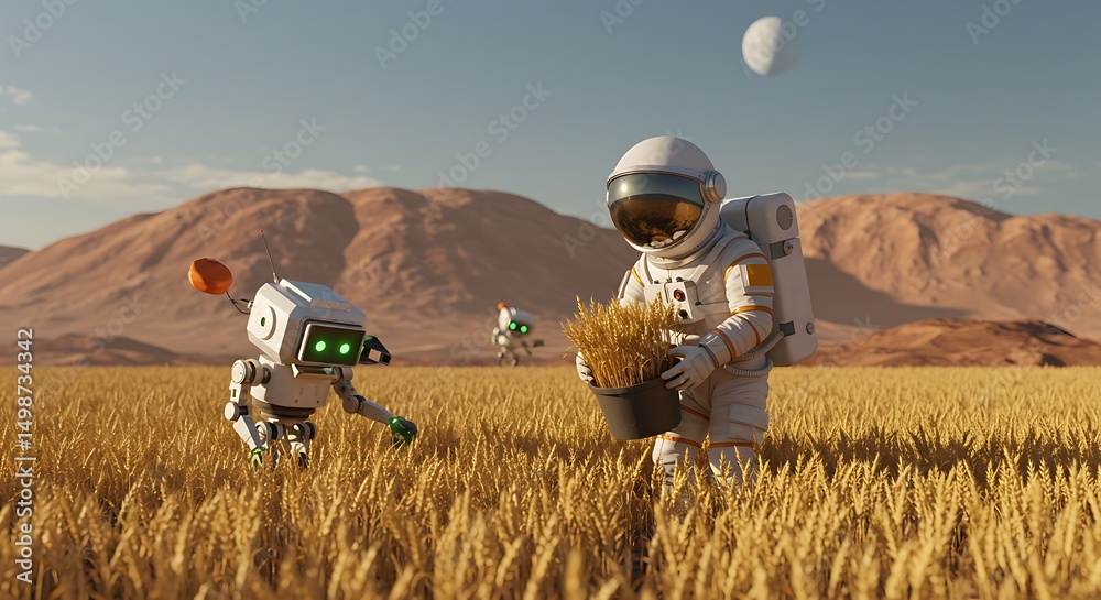 Obraz premium Astronaut Harvesting Wheat with Robots in Alien Field