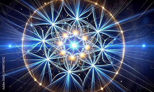 An abstract image featuring a central, bright blue and gold geometric design with radiating lines of light, creating a sense of energy and complexity