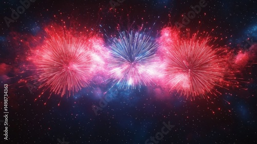 Three large colorful fireworks exploding in the night sky with red and blue sparks creating a festive and celebratory atmosphere