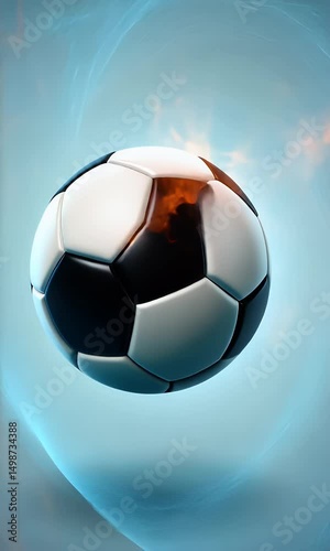 An artistic representation of a soccer ball with flames emanating from within and a blue energy aura. The ball is in motion
